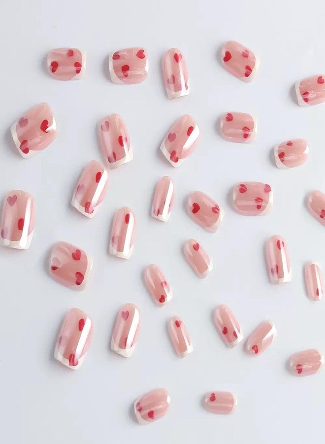 Sevgob Press on Nails Valentines Short Square Fake Nails with Heart Design Love Glue on Nails Reusable Full Cover Nails for Women Girls Manicure 24pcs BAQ10 - Image 5
